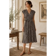 Max Studio Brown Print Fit & Flare Midi Dress Tie Waist XS Career Brunch Summer