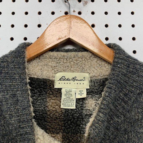 Vintage Eddie Bauer Zip Sweater Mens XL Gray 90s Wool Sherpa Lined Made in USA - Picture 4 of 17