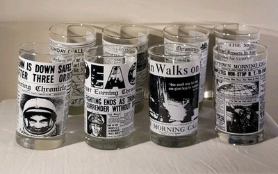VINTAGE 8 P. SET LIBBY DRINKING GLASSES HISTORIC HEADLINES MCM Moon Walk Titanic