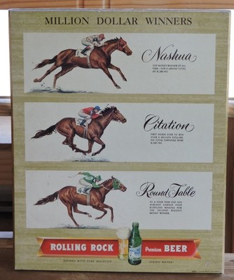 ROLLING ROCK BEER, LATROBE, PA. ''MILLION DOLLAR WINNERS'' 18x14 Horse Racing Sign