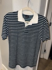 Vintage 1970s/1980s Terry Cloth Navy  White Stripped Collared Shirt Men  s M/L