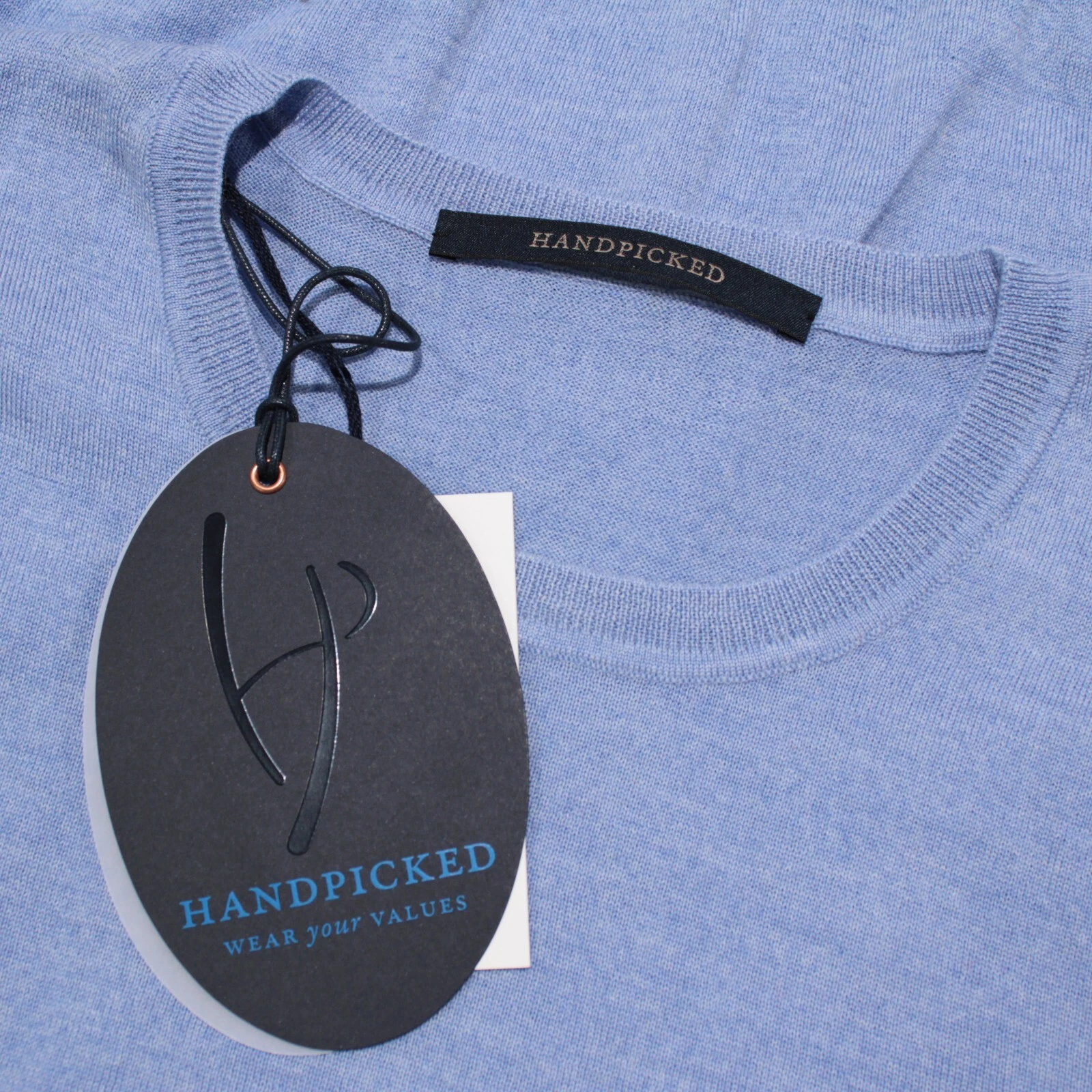 Handpicked NWT Cesena Crew Neck Sweater Size Large in Solid Light Blue 100% Wool