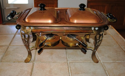 Vintage Copper Double Chafing Dish Server Brass Stand