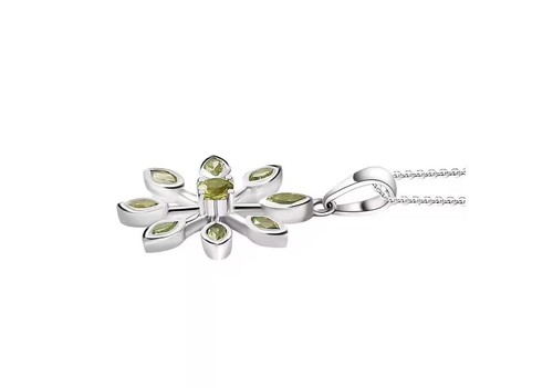 Rhodium Plated 925 Silver Peridot (~1 ct) Floral Pendant 20" Necklace (5.4g) - Picture 3 of 8