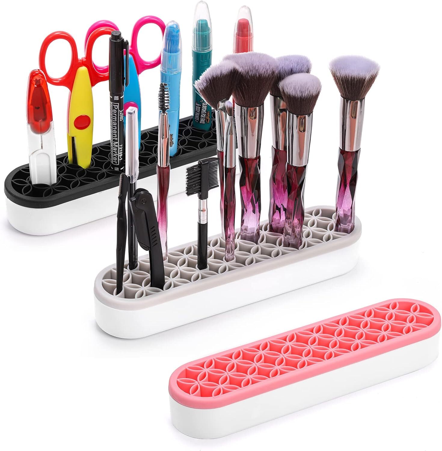 Elsjoy 3 Pack Silicone Makeup Brush Holder, Desktop Pink, Gray, Black