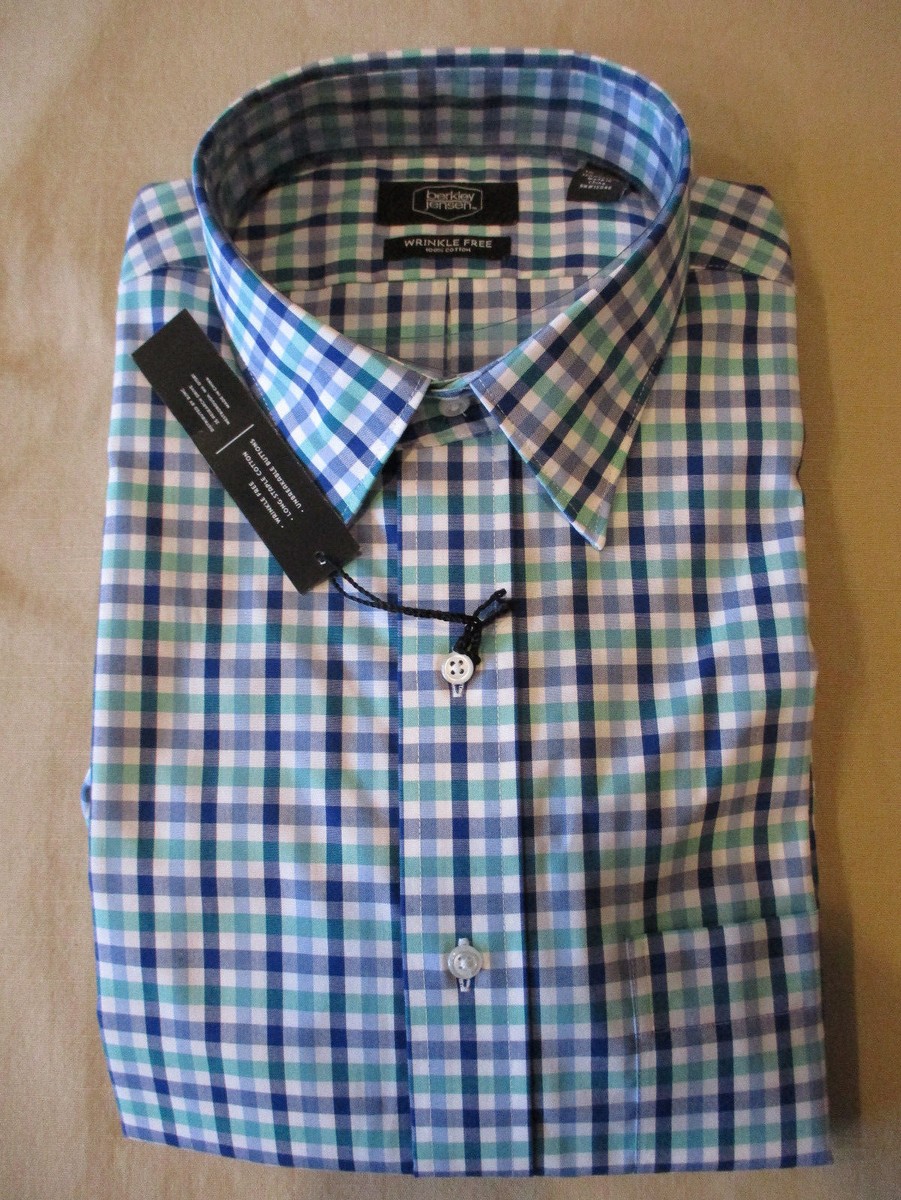 berkley jensen dress shirts NEW BERKLEY JENSEN SPREAD COLLAR DRESS SHIRT-BLUE/GREEN PLAID 16 32/33