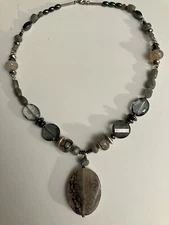 Agate, Quartz & Gemstone 20” Pendant Handcrafted Grey, Blue-grey OOAK Necklace