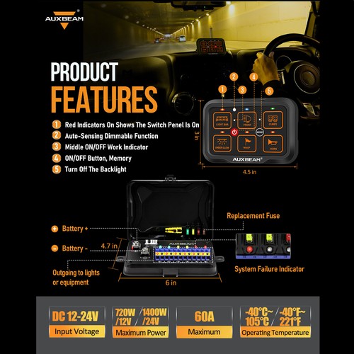 Sistema de relé RGB panel de interruptor de 6 velocidades AUXBEAM AR-600 para Toyota Ford F-150 F-250 - Imagen 8 de 12