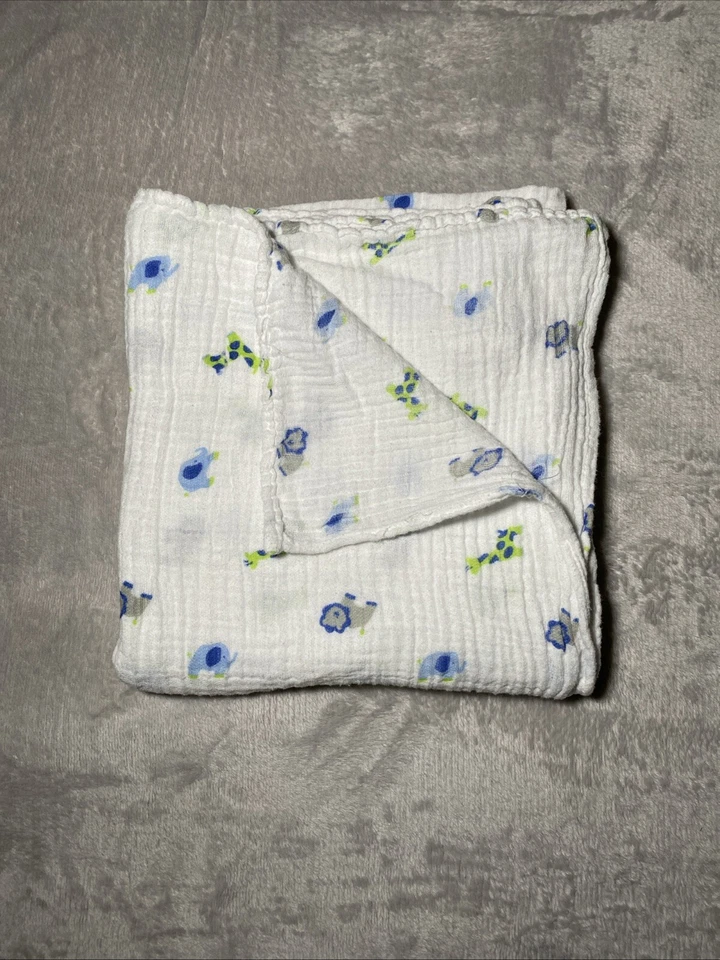 Одеяло First Impressions жираф слон лев сине-зеленое серое муслиновое пеленальное - Изображение 2 из 4