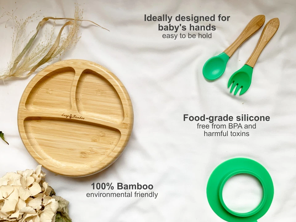 Bambus Babyteller; Kindergeschirr mit Saugnapf, Besteck:  Gelb - Bild 3 von 3