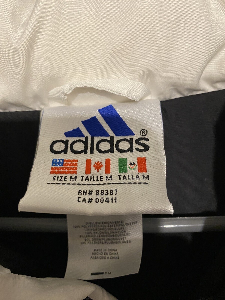 Vtg 90s Adidas Puffer Down Jacket Coat Black / White Zip Medium