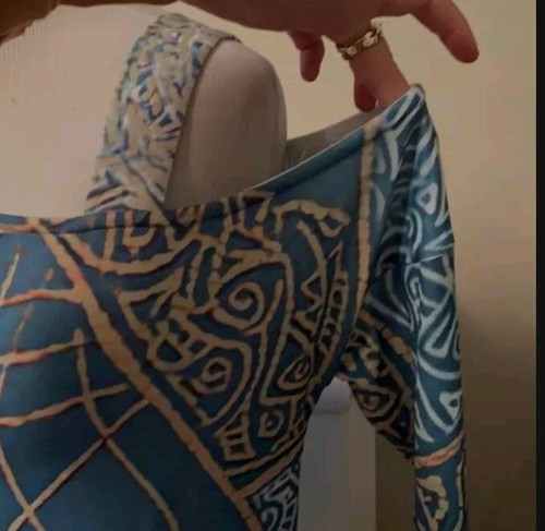 Top tunica donna spalle scoperte taglia XL geometrico gatto una cinghia blu acqua oro - Foto 6 di 8
