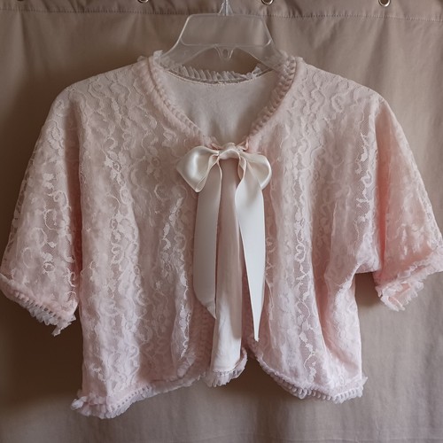 Vintage Ladies S M Bed Coat Jacket Duster Light Pink Lace Lined Satin Tie Bow - Picture 13 of 13