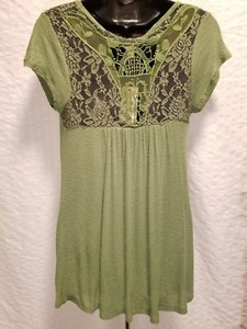 Hippie-Rose-Green-Tunic-Short-Sleeve-Knit-Top-Crochet-Lace-Detail-Sizes-S-L-XL