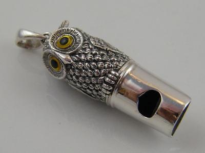 GLASS EYES STERLING SILVER CHASED OWL WHISTLE//PENDANT