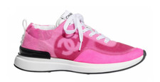 Chanel 21S Neon Pink Denim Suede CC Logo Lace Up Low Top Trainer Sneaker 39.5