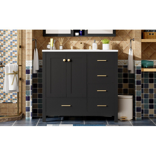 36'' Bathroom Vanity with Ceramic Sink Combo, Solid Wood Frame Bathroom Storage - Picture 19 of 24