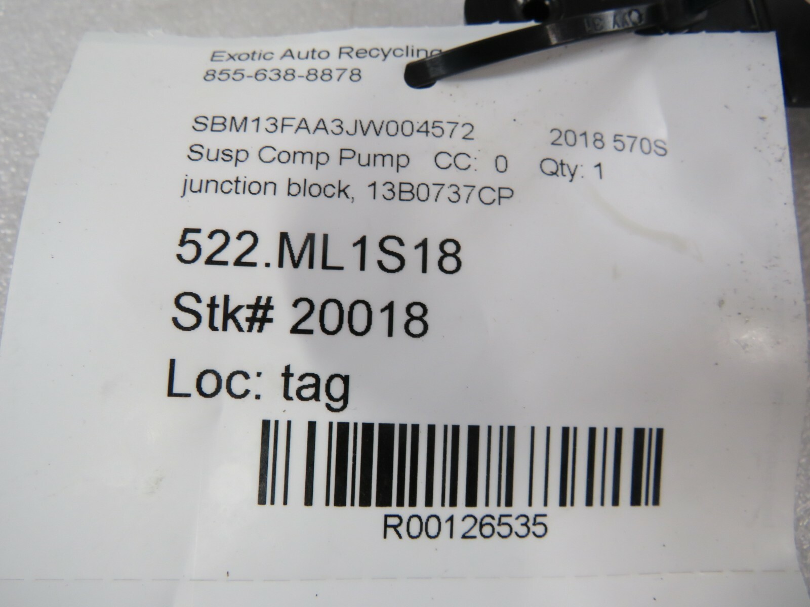 McLaren 570S, Suspension Pump Valve, Used, P/N 13B0737CP