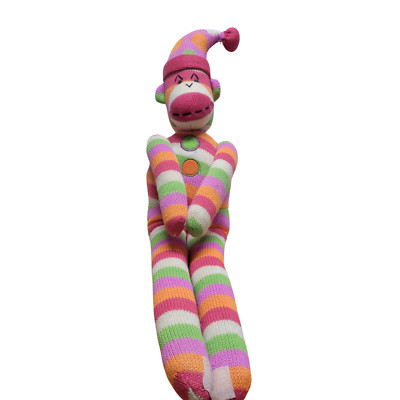 Sock Monkey Knit Pink Orange Green Stripe Clown Hat Stuffed Toy Soft 20''