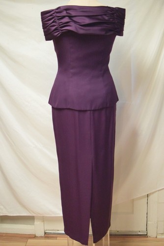 Crepe y satén de ciruela Oleg Cassini de colección 2 piezas Traje de cóctel vestido plisado hombro-10 - Imagen 2 de 11