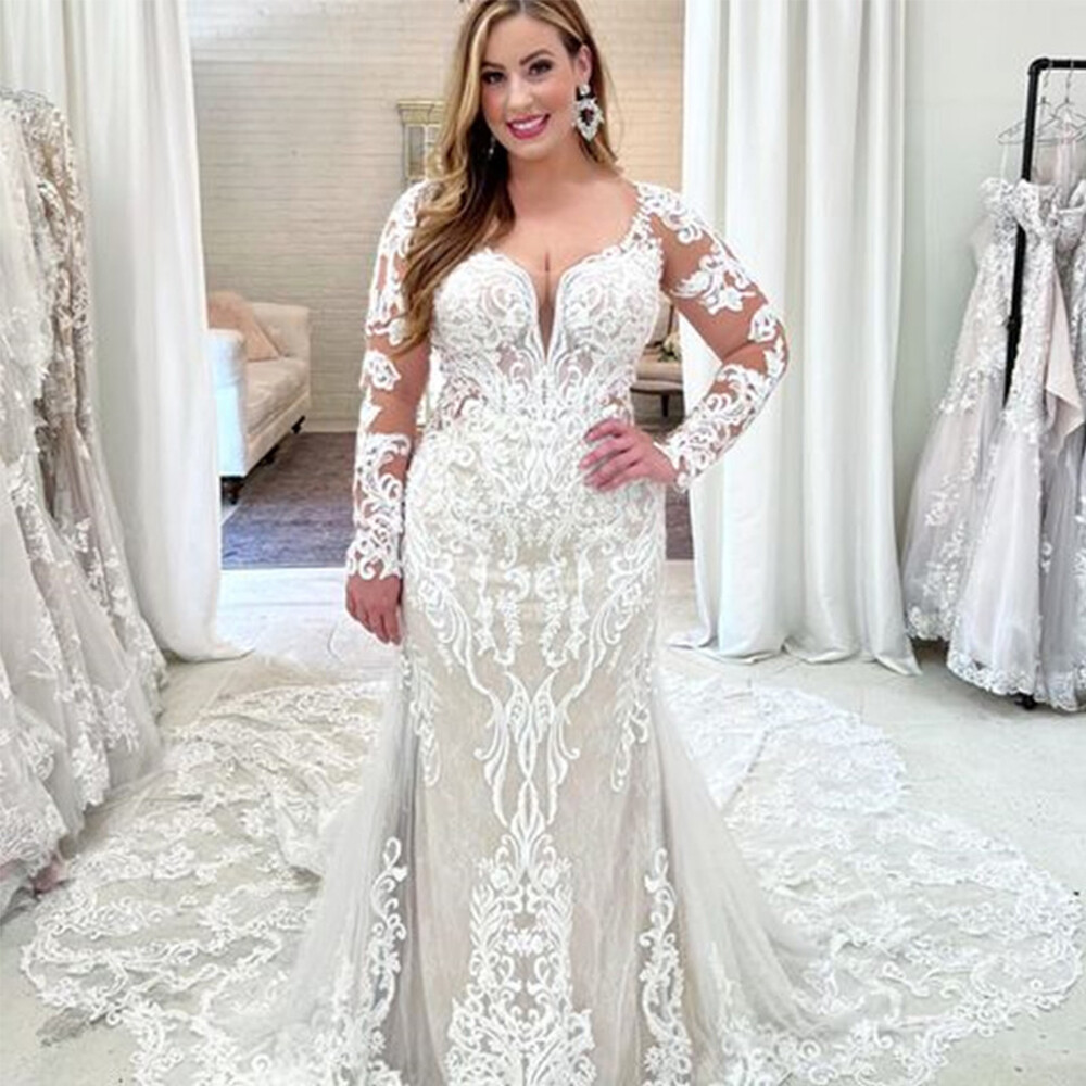 Mermaid Plus Size Wedding Dresses V Neck Long Sleeve Lace Appliques Bridal Gowns | eBay Mermaid Plus Size Wedding Dresses V Neck Long Sleeve Lace Appliques Bridal Gowns | eBay