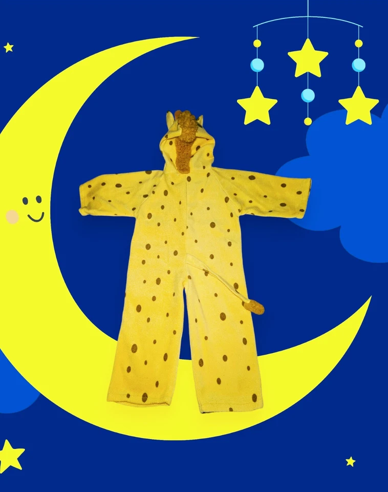 GIRAFFE Pajamas Toddler Boys Girls Bodysuit Hooded Yellow Soft Fleece Size 2T 3T - Image 2 of 4