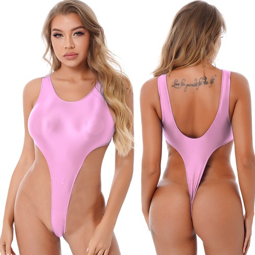 Mujer Brillante Aceite Corte Alto Tanga Body Monokini Traje de Baño Sin Mangas Leotardo - Imagen 135 de 215