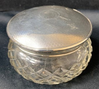 Vintage Solid Silver Glass Powder Jar with Engraved Lid Z#1008