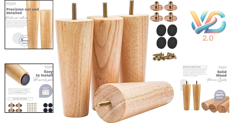 Elegantes patas de muebles de madera maciza de mediados de siglo de 6 pulgadas - Juego de 4 para una fácil actualización Foto 2 de 4
