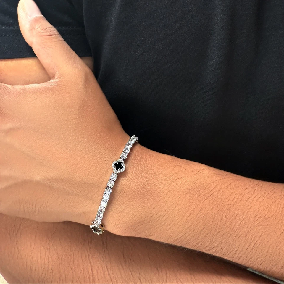 "Brazalete tenis de diamantes trébol de cuatro hojas de la suerte cadena joyería oro 18 quilates -7""" Foto 4 de 4