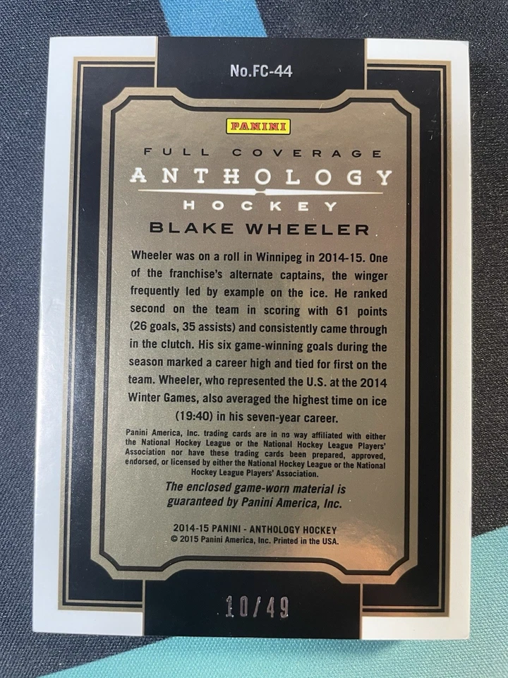 2015 Anthology Hockey Full Coverage Blake Wheeler /49 - Image 2 of 4