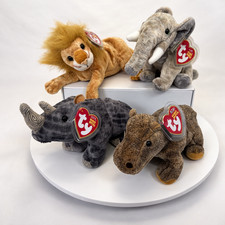 Ty Beanie Babies African Safari Lot of 4 MWMT Lion Elephant Rhino Hippo Mint New