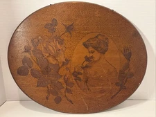 Victorian Lady 1900's Pyrography Wood Burning Flemish Oval Large Plaque