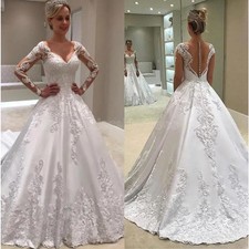 Princess Satin Wedding Dresses Lace Appliques Long Sleeves Buttons Bridal Gowns