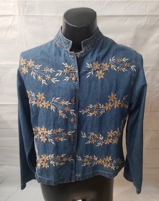 Life Style Shirt Womens Large Blue Chambray Long Sleeve Floral Embroidered