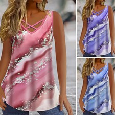 Plus Size Marble Print Tank Top Casual Criss Cross Sleeveless V Neck Top For...