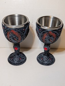 Royal Dragon Set Of 2 Gothic Medieval Chalice Wine Goblet 8" Stainless Steel Cup