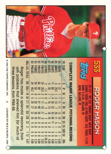 Roger Mason 1994 Topps #533 Philadelphia Phillies Baseball - Picture 2 of 2