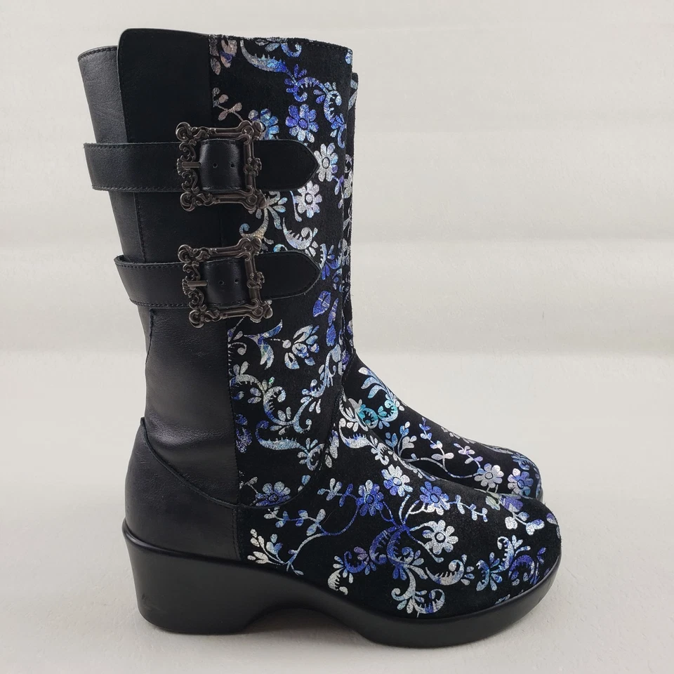 Alegria Erica Snazzy Bota Floral Mujer 8-8.5 38 Negro Azul Cuero Correa Hebilla Foto 3 de 4