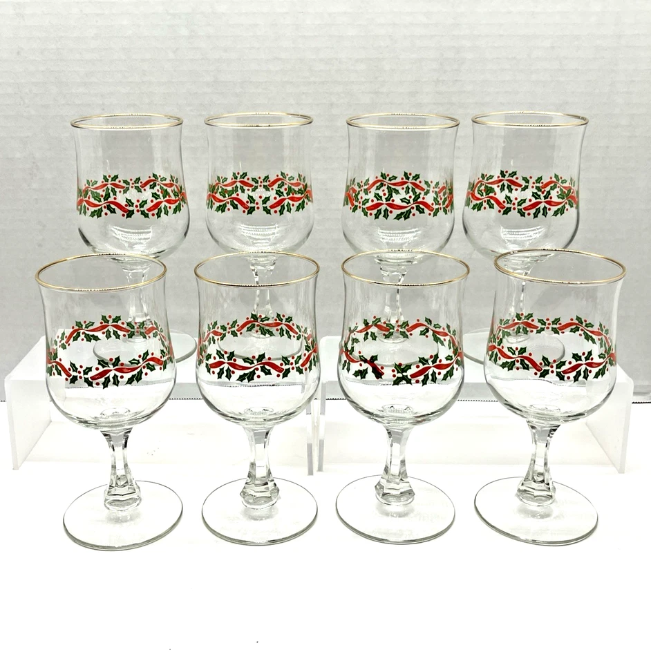 Libbey Holly Berry Christmas Gold Rim Wine Water Goblets Set of 8 Vintage - 6.5" - Image 2 of 4