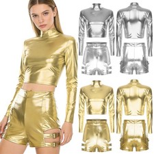 Womens Dancewear Costumes Sets Dance Outfit Long Sleeve Clubwear Party Metallic
