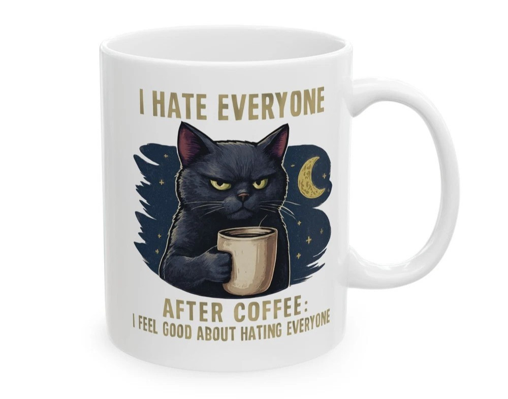 Funny Cat Coffee Mug Grumpy Black Cat Humor Cup 11oz Gift Mo