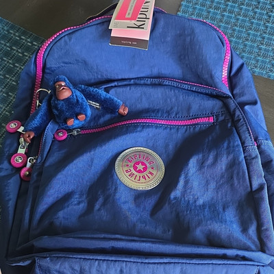 Kipling Blue Backpack with Pink Accents, Monkey Keychain, Nylon, Unisex Kids