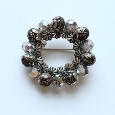 Vintage Brooch Silvertone Wreath Rhinestone Circle Pin Retro Classic Midcentury