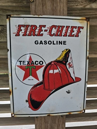VINTAGE OLD TEXACO FIRE CHIEF GASOLINE PORCELAIN GAS STATION PUMP SIGN 12" x 16"