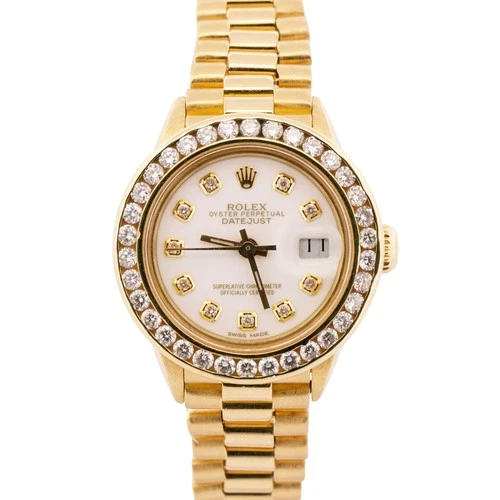 VINTAGE Ladies Rolex DateJust President 26mm WHITE DIAMOND 18K Gold 6917 Watch
