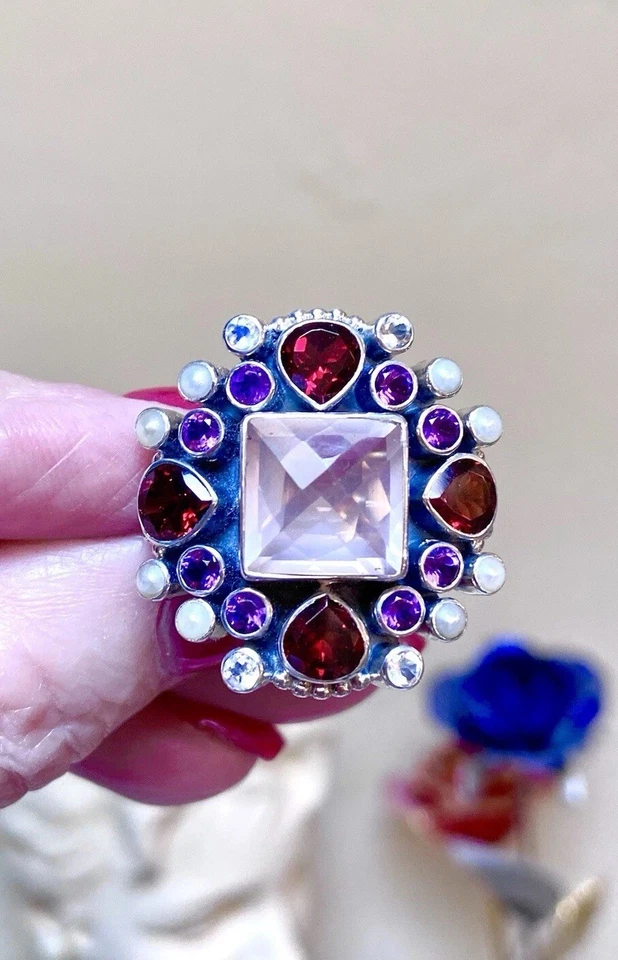 HERMOSO Nicky Butler Grande Edición Limitada Cuarzo rosa de plata de ley, granate, etc. Anillo Foto 3 de 4