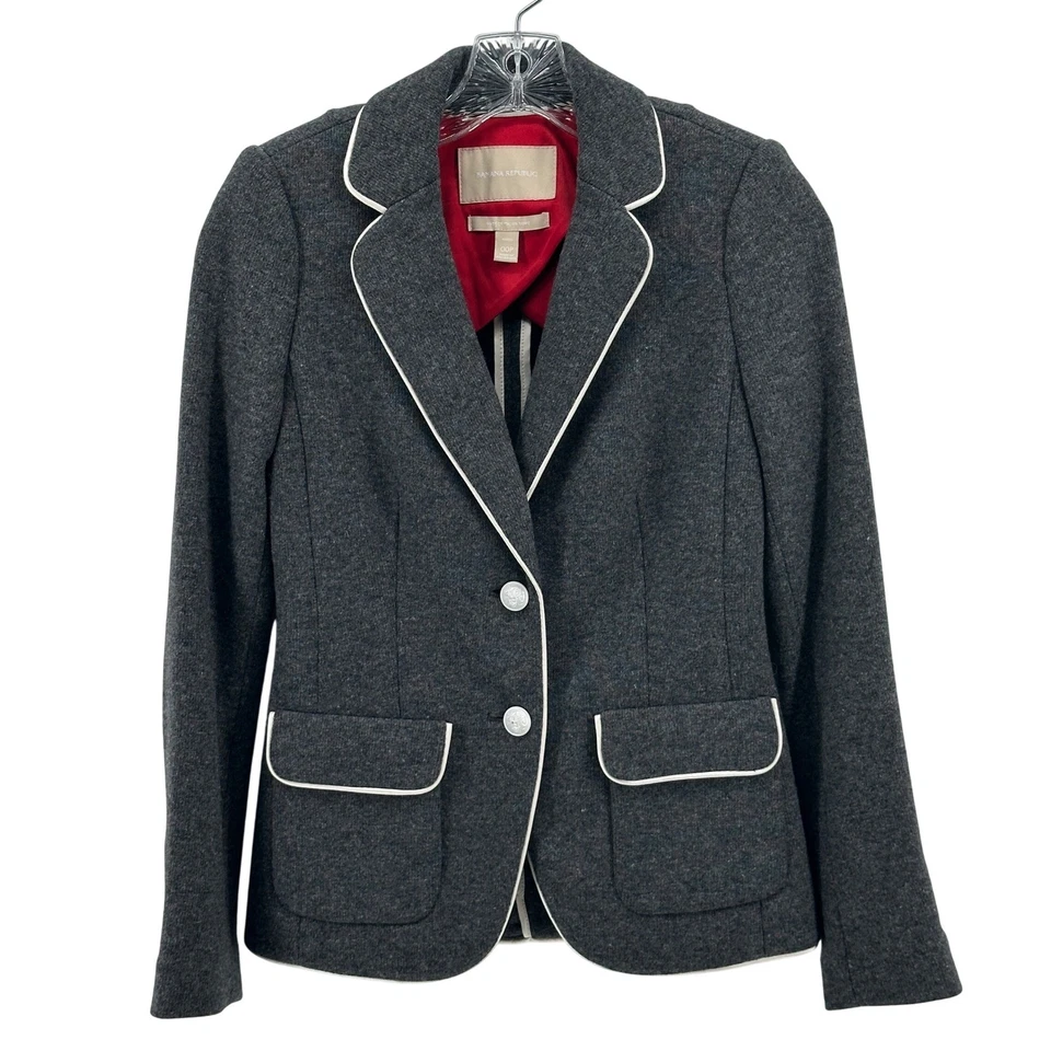 Chaqueta Blazer Banana Republic 00 Petite Mezcla Lana Gris Blanco Borde Bolsillos Foto 2 de 4
