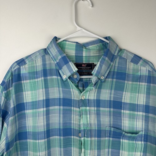 Vineyard Vines Classic Fit Murray Shirt Mens XL Blue Green Plaid Stretch