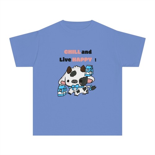 Back to school Youth Midweight Tee Chill and Live Happy quote, kawaii cow cute - Picture 35 of 52